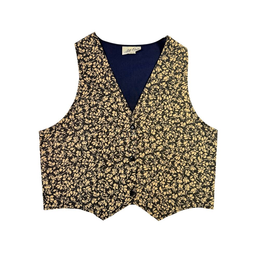 Vintage 90s All Over Womens L Vest Black Floral Cotton Whimsygoth Cottagecore